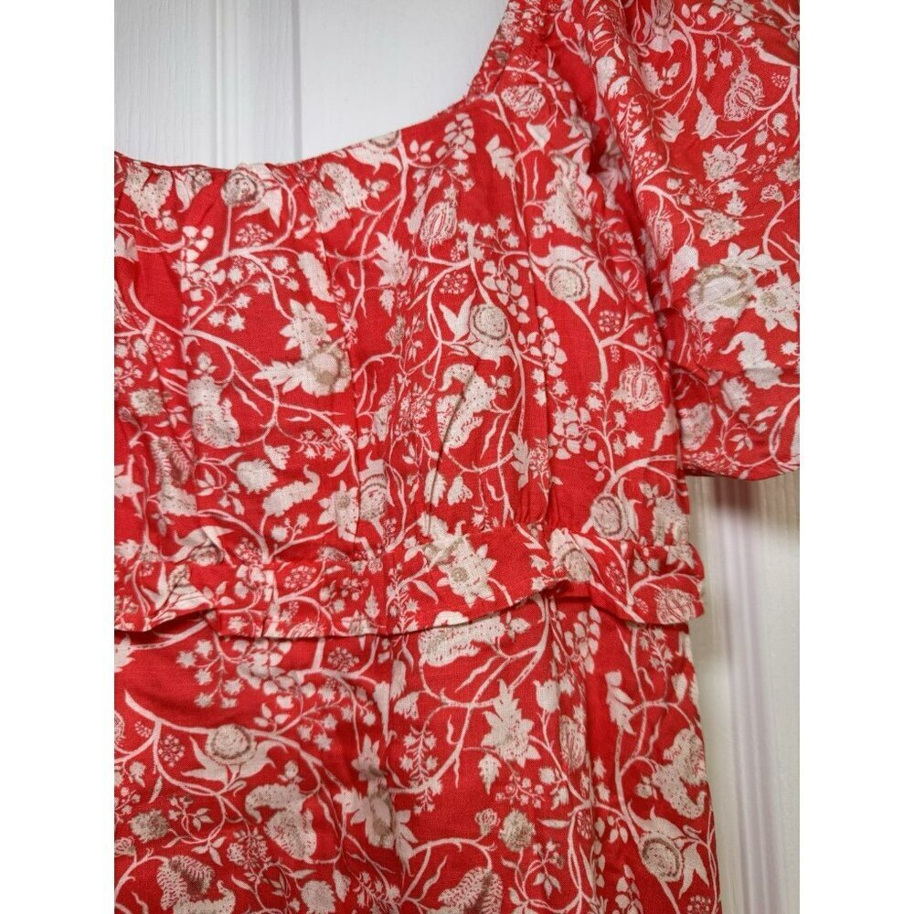 Red Floral Mini Dress Women US 8 Puff Sleeve Square Neck Summer - Picture 5 of 9
